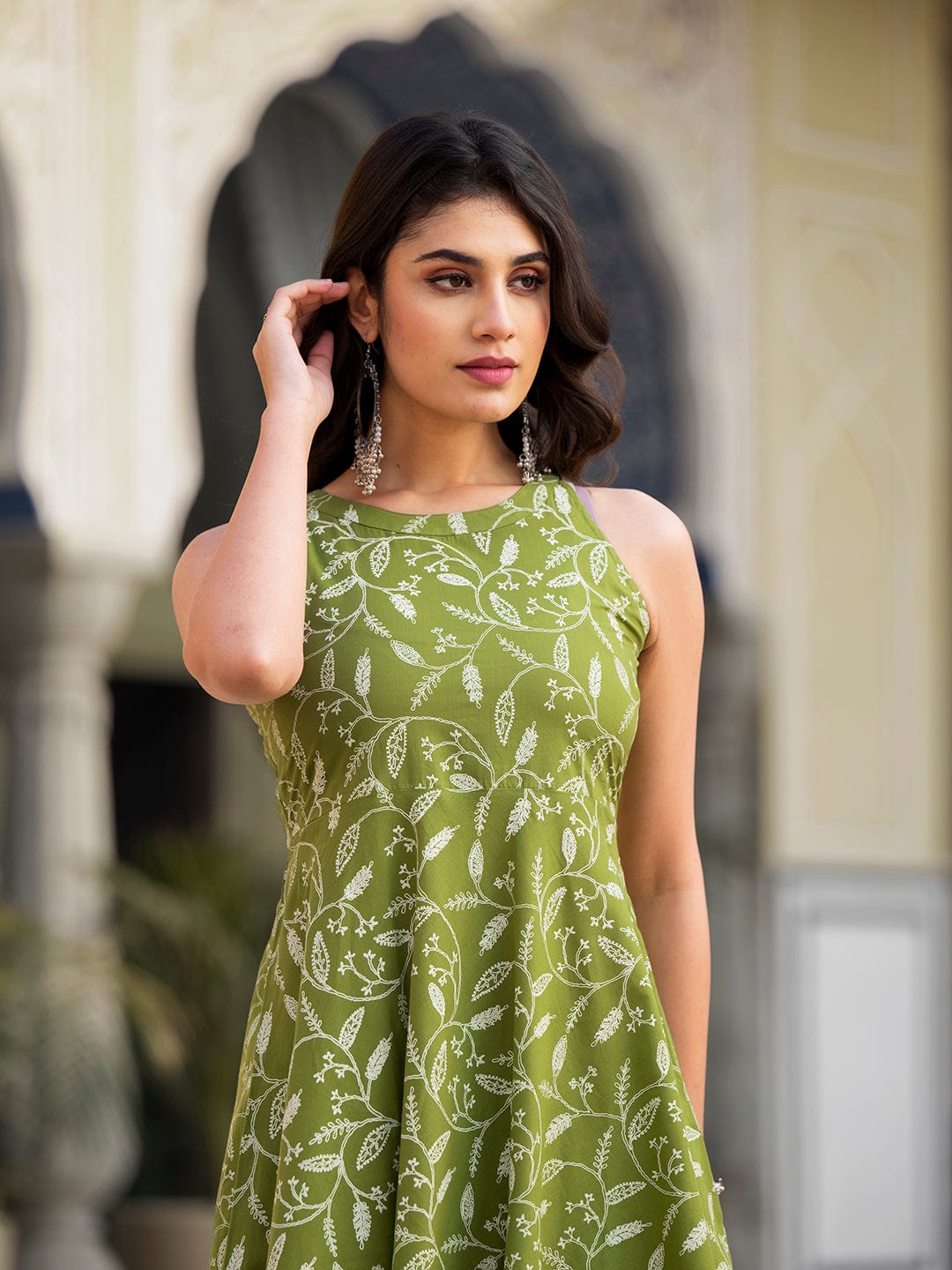 halter neck anarkali dress Varanga Women Olive Floral Printed Halter Neck Anarkali Kurta Paired With Tonal Bottom