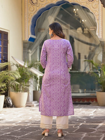 Varanga Women Lavender & White Bandhani Printed Gotta Patti Cotton Straight Kurta