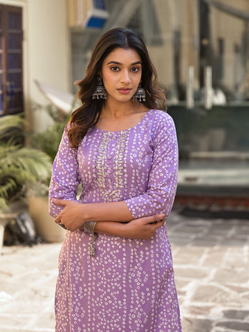 Varanga Women Lavender & White Bandhani Printed Gotta Patti Cotton Straight Kurta
