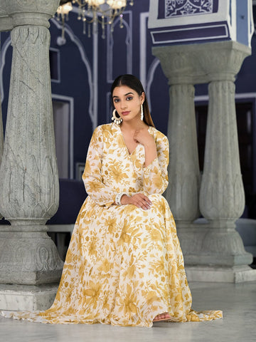 Varanga Women Off White Floral Printed , Full Sleeves Angrakha Style Kurta