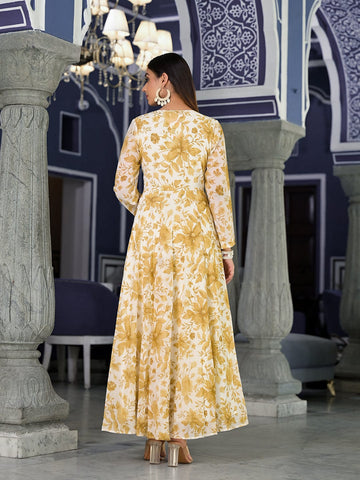 Varanga Women Off White Floral Printed , Full Sleeves Angrakha Style Kurta