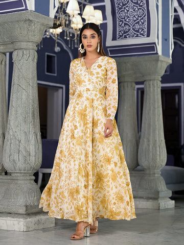 Varanga Women Off White Floral Printed , Full Sleeves Angrakha Style Kurta