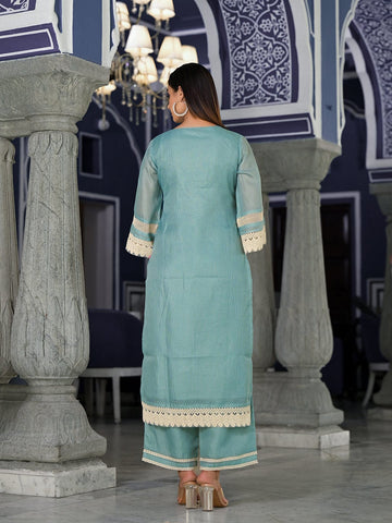 Varanga Women Sea Green Kota Check Embellished With Cotton Lace Straight Kurta Paired With Bottom And Dupatta