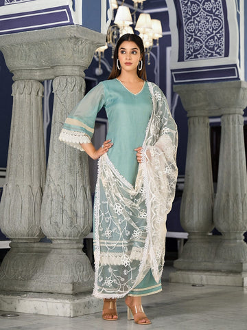 Varanga Women Sea Green Kota Check Embellished With Cotton Lace Straight Kurta Paired With Bottom And Dupatta