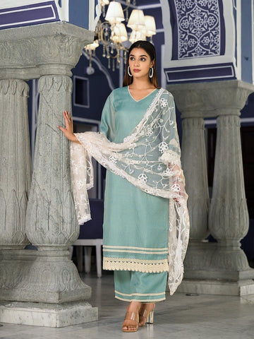 Varanga Women Sea  Green Kota Check Embellished With Cotton Lace Straight  Kurta Paired With Bottom And Dupatta