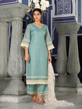 Varanga Women Sea  Green Kota Check Embellished With Cotton Lace Straight  Kurta Paired With Bottom And Dupatta