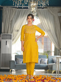 Varanga yellow yoke embroidered kurta paired with tonal bottom and lehariya dupatta