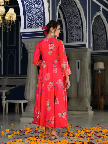 KSUT Pink Floral Printed V Neck Anarkali Kurta Paired With Tonal Chiffon Dupatta With Fringes