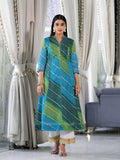 Varanga Women Green And Blue Bandhani Printed Mandarin Collar Anarkali Kurta