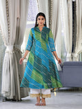 Varanga Women Green And Blue Bandhani Printed Mandarin Collar Anarkali Kurta