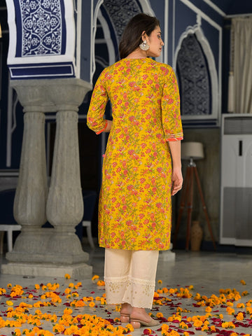Varanga Yellow And Peach Straight Floral Printed Kurta With Round Neck And Having Gota Work On Yoke