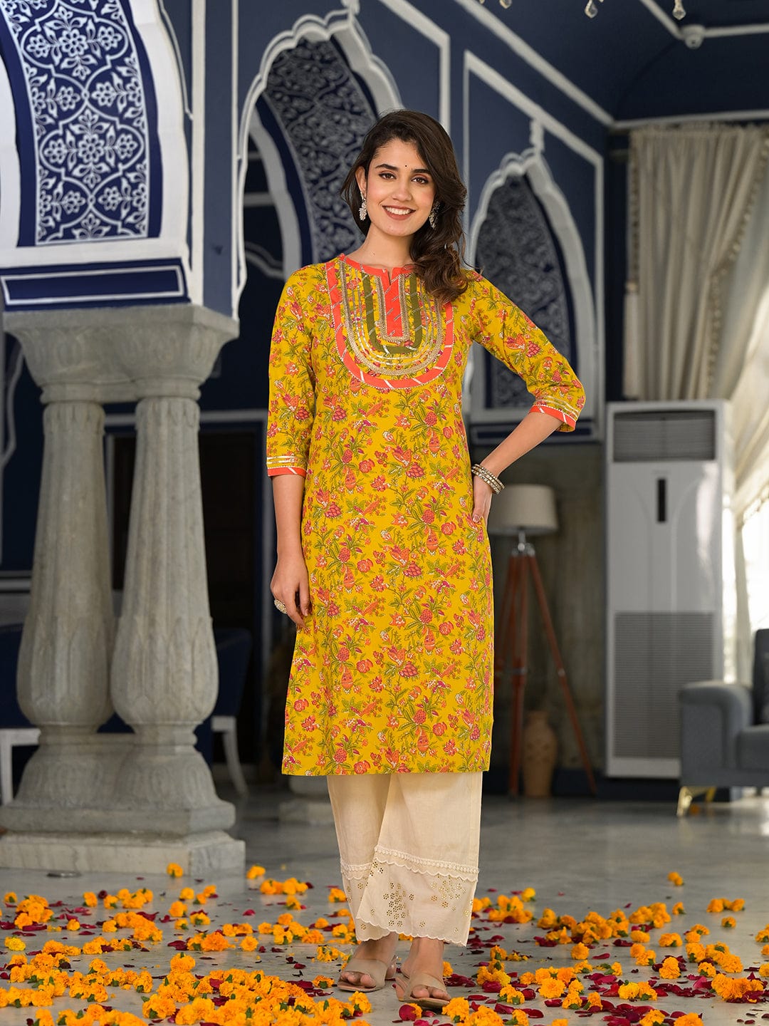 Varanga Yellow And Peach Straight Floral Printed Kurta With Round Neck And Having Gota Work On Yoke