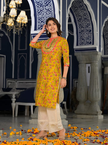 Varanga Yellow And Peach Straight Floral Printed Kurta With Round Neck And Having Gota Work On Yoke