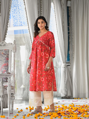 KSUT Women Red Floral Printed Sequin Embellished A-Line Kurta With Three Quater Sleeves