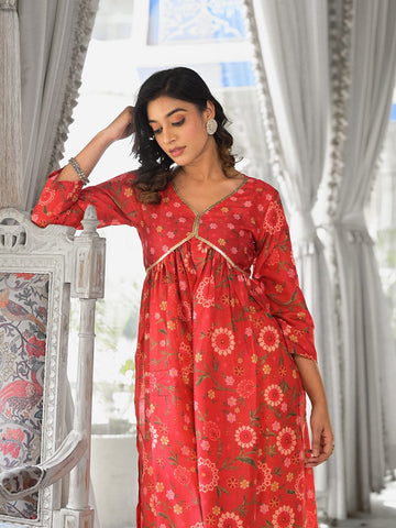 KSUT Women Red Floral Printed Sequin Embellished A-Line Kurta With Three Quater Sleeves