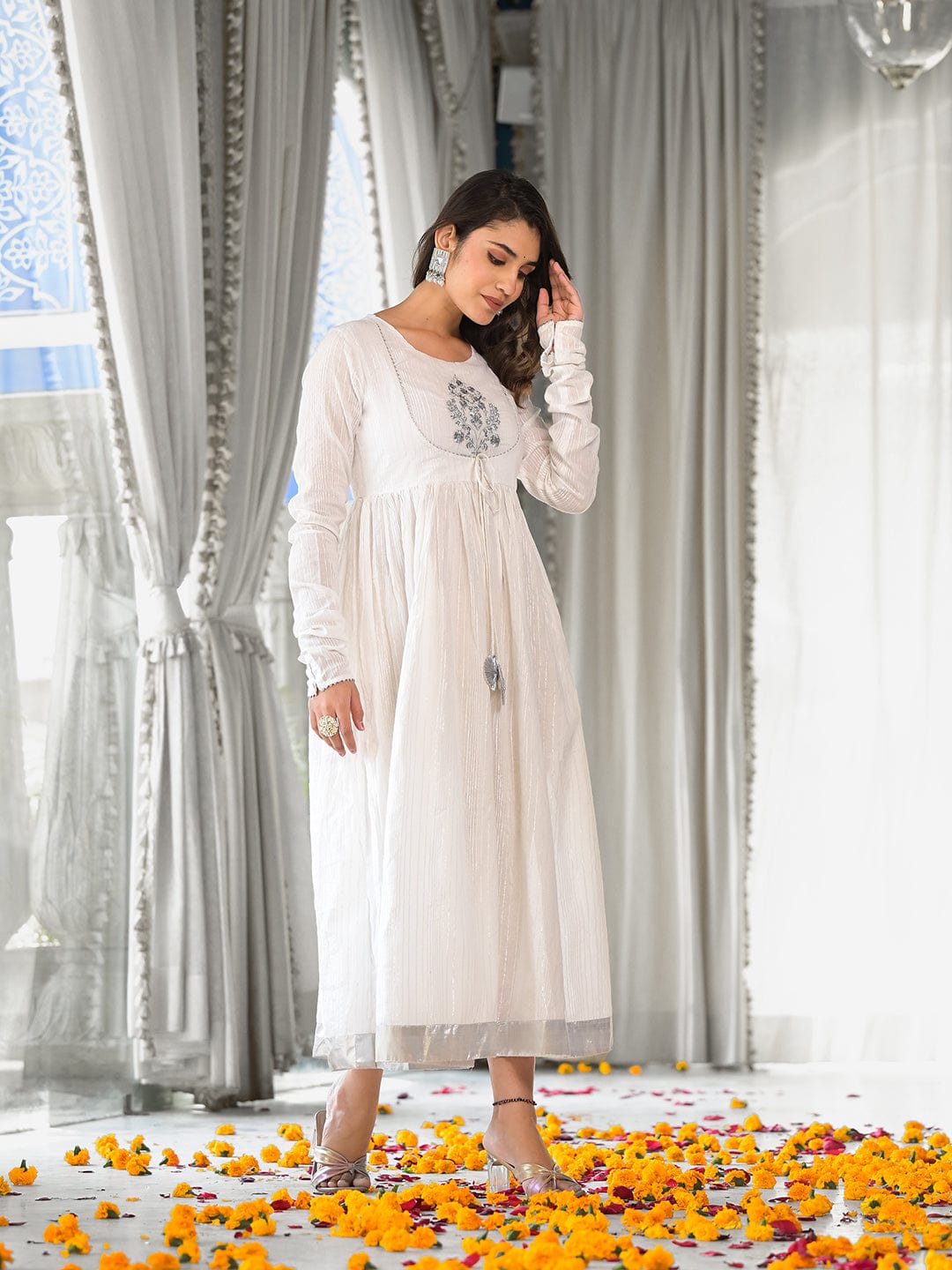 White Flared Anarkali With Silver Zari Embroidery Churidar