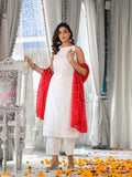 varanga white solid halter neck straight kurta paired with tonal bottom and contrast dupatta.