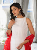 varanga white solid halter neck straight kurta paired with tonal bottom and contrast dupatta.