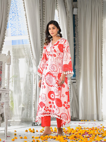 Varanga Women Peach Floral Printed V-Neck Straight Kurta With Tessels Hem Paired With Tonal Solid Bottom
