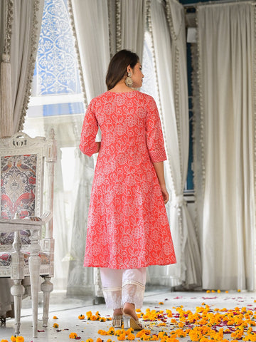 Varanga Women Peach And White Bandhani With Leheriya Mix Printed Anarkali Kurta With Gotta Work And Round Neck Js Vkur112510734