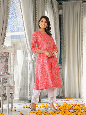 Varanga Women Peach And White Bandhani With Leheriya Mix Printed Anarkali Kurta With Gotta Work And Round Neck Js Vkur112510734
