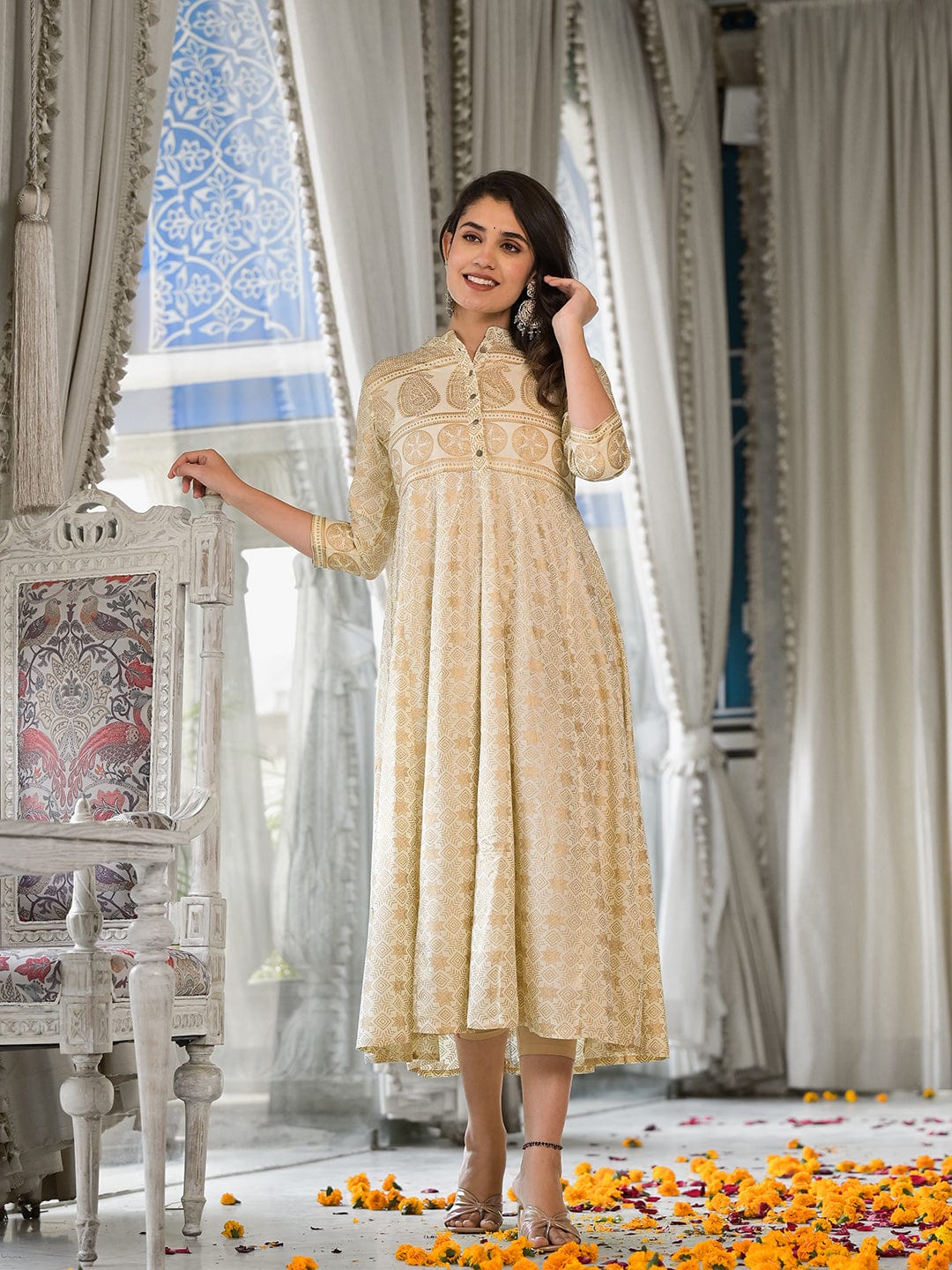 Buy Varanga Off-White & Golden Ethnic Foil Print Online Buy Varanga Off-White & Golden Ethnic Foil Print Online