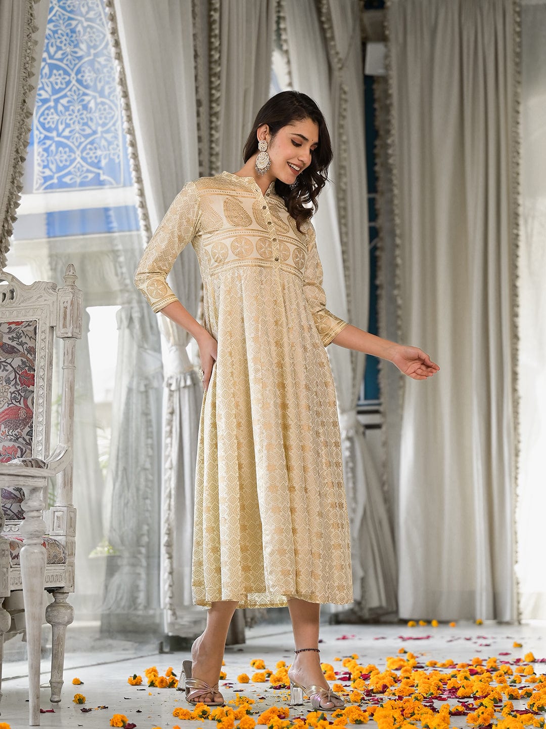 Buy Varanga Off-White & Golden Ethnic Foil Print Online Buy Varanga Off-White & Golden Ethnic Foil Print Online