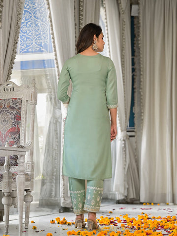Varanga Women Sea Green Embroidered Kurta Paired With Tonal Trouser And Dupatta