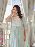 Varanga light blue embroidered three quarter sleeve straight kurta with tonal bottom and tonal dupatta.