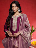 Varanga Women Wine Zari Lace Embellished Anarkali Kurta With Trousers And Tissue Dupatta.