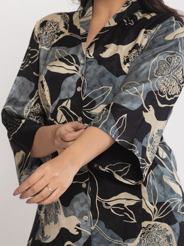 KSUT Women Floral Printed Front Placket Shirt with Flared Palazzo