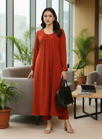 Varanga Women Rust Colour, Bishop Sleeve A-Line Kurta Paired With Tonal Bottom