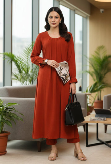 Varanga Women Rust Colour, Bishop Sleeve A-Line Kurta Paired With Tonal Bottom
