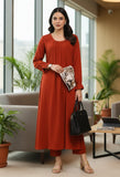 Varanga Women Rust Colour, Bishop Sleeve A-Line Kurta Paired With Tonal Bottom