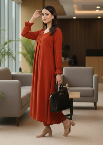 Varanga Women Rust Colour, Bishop Sleeve A-Line Kurta Paired With Tonal Bottom