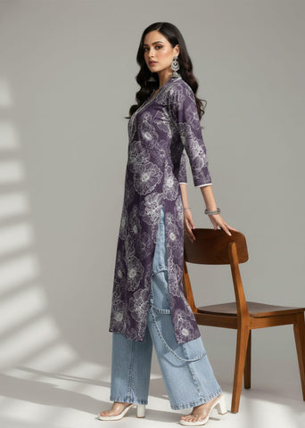 V Neck Kurta With Lace Detailing And Big Floral Print