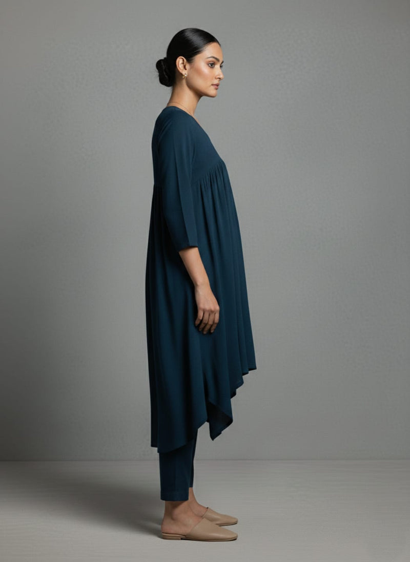 Varanga Women Teal Empire Gathered Details A-Line Kurta Paired With Tonal Bottom