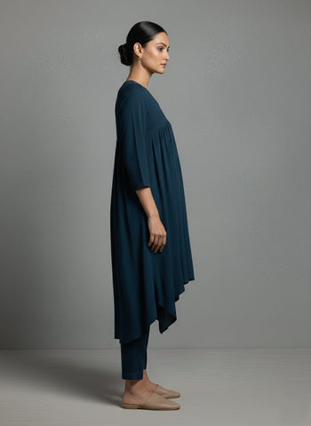 Varanga Women Teal Empire Gathered Details A-Line Kurta Paired With Tonal Bottom