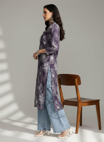 V Neck Kurta With Lace Detailing And Big Floral Print
