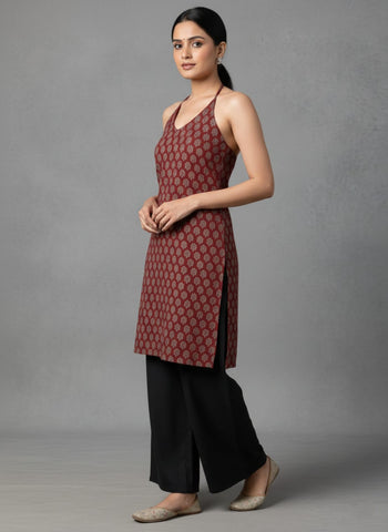 Rust Halter-Neck Backless Block Print Kurti