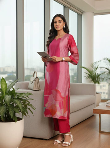 Varanga Women Fuschia Pink Abstract Printed Straight Kurta With Trousers