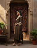 Zari Embroidered Lace Neck Flared Kaftan with Trouser