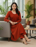 Varanga Women Rust Colour, Bishop Sleeve A-Line Kurta Paired With Tonal Bottom