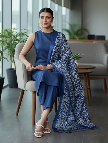 Varanga Women Blue Solid Kurta Set Paired With Printed Dupatta