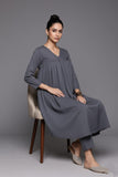 Varanga Women Grey Empire Gathered Details A-Line Kurta Paired With Tonal Bottom