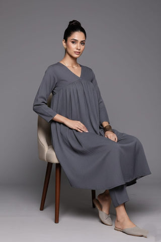 Varanga Women Grey Empire Gathered Details A-Line Kurta Paired With Tonal Bottom