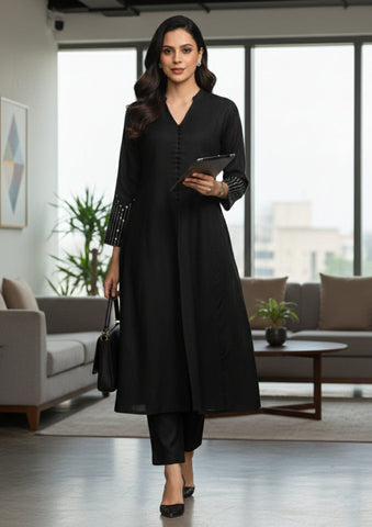 Black Mandarin Witn V Neck Anarkali Front Slit Detailing With Trouser