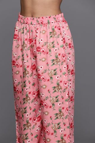 KSUT Women Pink Floral Printed Straight Kurta Paired With Bottom