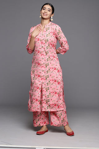 KSUT Women Pink Floral Printed Straight Kurta Paired With Bottom