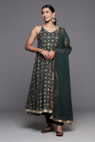 Varanga Women Green Patola Printed Anarkali Kurta With Bottom And Dupatta
